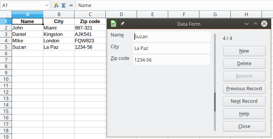 The form dialog box and header row cells as field labels
