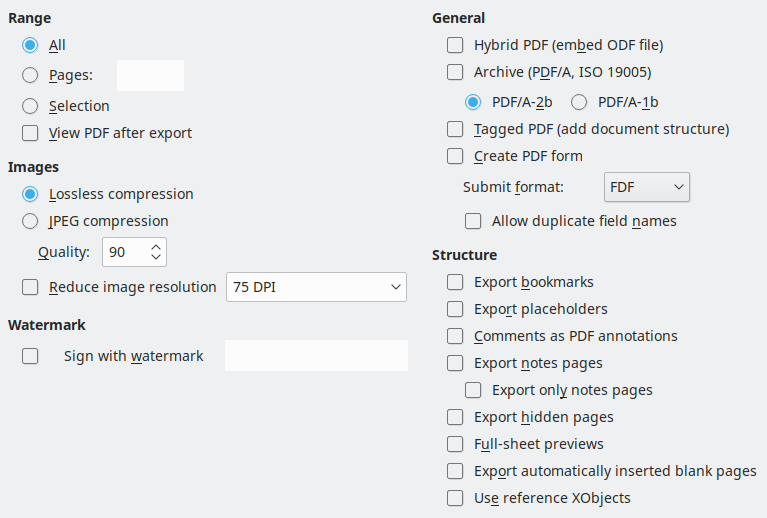 PDF Export General Options Dialogue Box Image